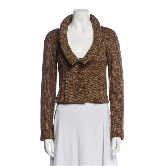 CAbi Quiet Luxury Brown Knit Velvet Button Collared Cardigan Size Medium - Picture 1 of 5